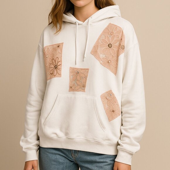 Luxe Patchwork Lace Hoodie Handmade Embellished Oversized Chic Hoodie XXL - Picture 1 of 4